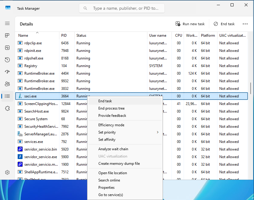 Finalizar SACI en Administrador de Tareas